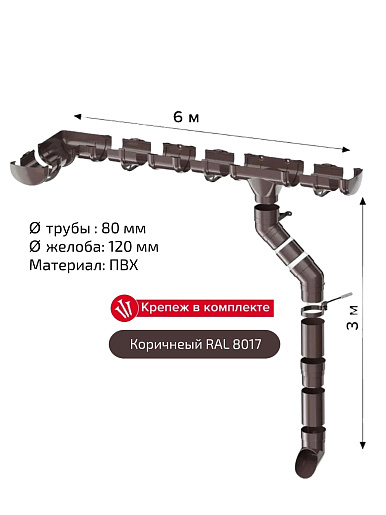 Комплект водосточной системы Технониколь Оптима 120х80 мм для ската 6 м, Коричневый RAL 8017